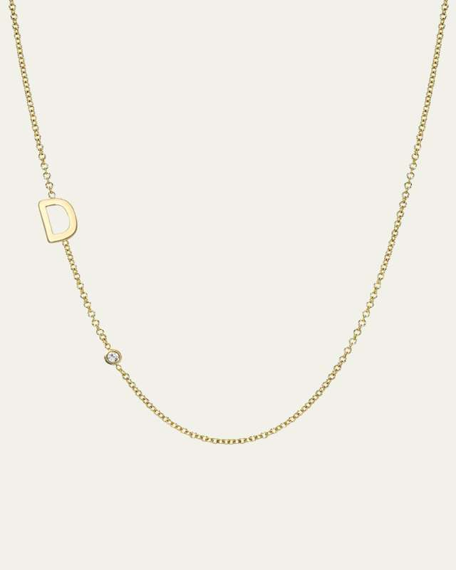 14k Gold Asymmetrical Initial and Bezel Diamond Necklace